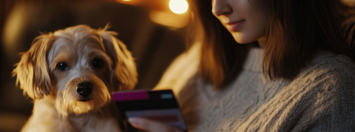 Young girl with puppy by her side looking at credit card