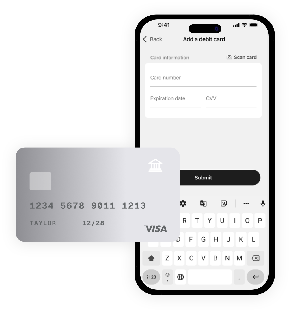 BNC National Bank mobile app showing a screenshot of how to add a debit card to app allowing you to make rapid transfers.