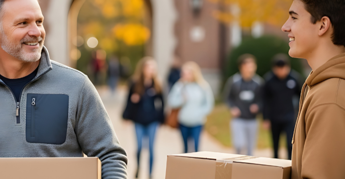 father and son smiling holding boxes for college move