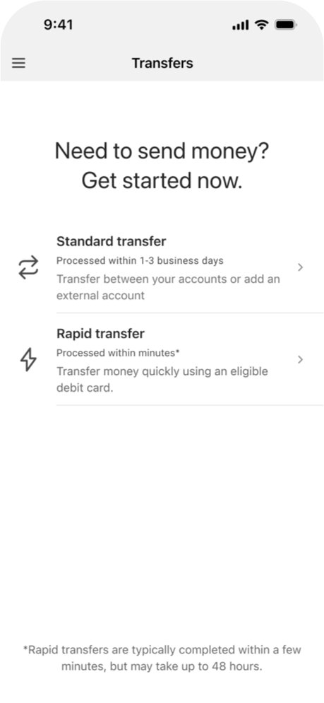 Screenshot of mobile smartphone interface showing Transfers on BNC Mobile Banking app.