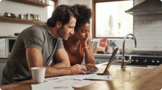 man and woman at kitchen countertop looking at laptop